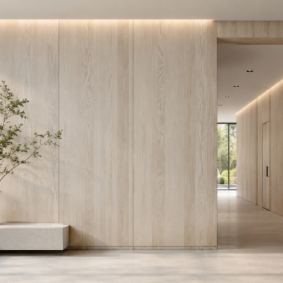 Aplicación de Enchapado Fresno Desempatado en muebles modernos y proyectos interiores