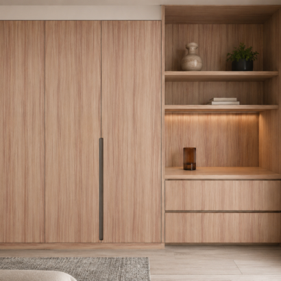 Aplicación de MDF Parota Importado en muebles modernos y paneles decorativos