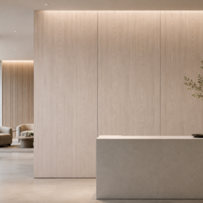 Aplicación de Enchapado Encino Rojo Catedral en muebles modernos y proyectos interiores