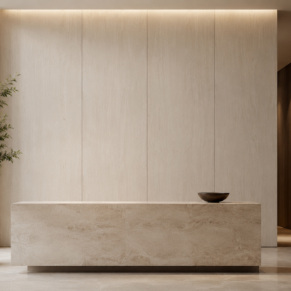 Aplicación de Enchapado Encino Rojo Rayado en muebles modernos y proyectos interiores