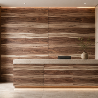 Aplicación de Enchapado Parota Atravesada Desempatada en muebles modernos y proyectos interiores