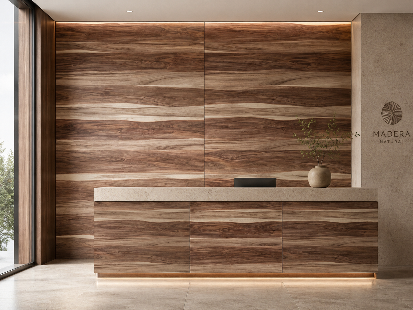 Aplicación de Enchapado Parota Atravesada Desempatada en muebles modernos y proyectos interiores