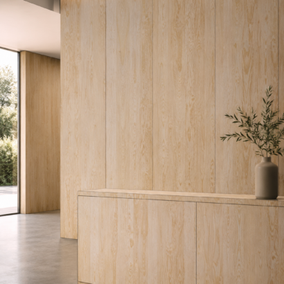 Aplicación de Enchapado Pino Rebanado Desempatado en muebles modernos y proyectos interiores