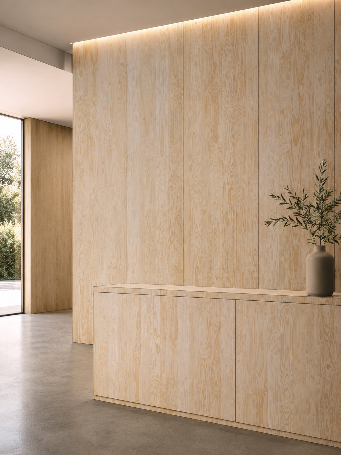 Aplicación de Enchapado Pino Rebanado Desempatado en muebles modernos y proyectos interiores