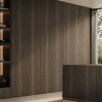 Aplicación de Enchapado Roble Ahumado en muebles modernos y proyectos interiores