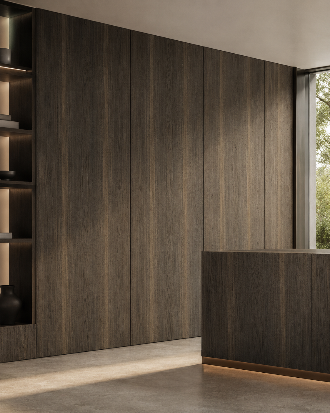 Aplicación de Enchapado Roble Ahumado en muebles modernos y proyectos interiores