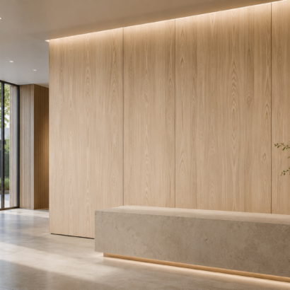 Aplicación de Enchapado Roble Desempatado en muebles modernos y proyectos interiores