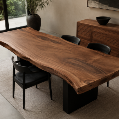 Aplicación de Planchón de Parota en mesa de madera natural para interiorismo