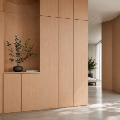 Aplicación de Triplay Caobilla Importado en muebles modernos y proyectos interiores