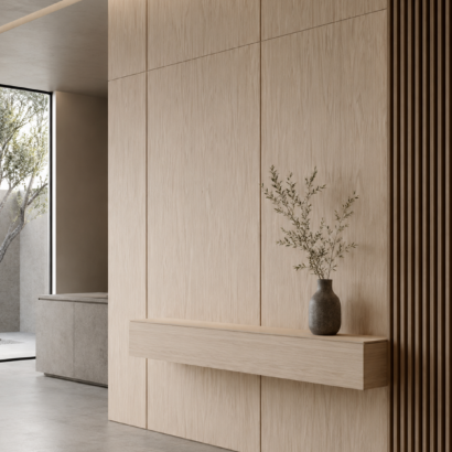 Aplicación de Triplay Encino Importado en muebles modernos y proyectos interiores
